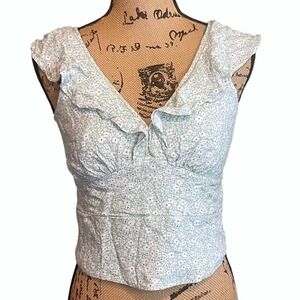 Urban Romantics Womens Floral Ruffle Boho Chic Smocked Cropped Top Green Medium
